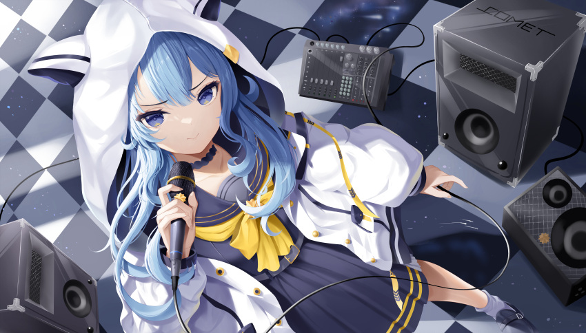1girl absurdres bangs blue_choker blue_eyes blue_hair blue_sailor_collar blue_serafuku blue_shirt blue_skirt bow bowtie checkered_floor choker closed_mouth from_above hand_up highres holding holding_microphone hololive hood hood_up hooded_jacket hoshimachi_suisei jacket long_hair long_sleeves looking_at_viewer looking_up microphone open_clothes open_jacket roina_(effj7473) sailor_collar shirt shoes skirt socks solo speaker standing virtual_youtuber white_jacket yellow_bow yellow_bowtie