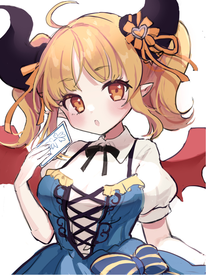 absurdres ahoge bangs blonde_hair blue_dress breasts brown_eyes card character_request collared_shirt demon_girl demon_horns demon_wings dress eyebrows_visible_through_hair hand_up head_tilt heart highres holding holding_card horns karunabaru medium_breasts parted_bangs pointy_ears puffy_short_sleeves puffy_sleeves red_wings shadowverse shirt short_sleeves simple_background sleeveless sleeveless_dress twintails white_background white_shirt wings