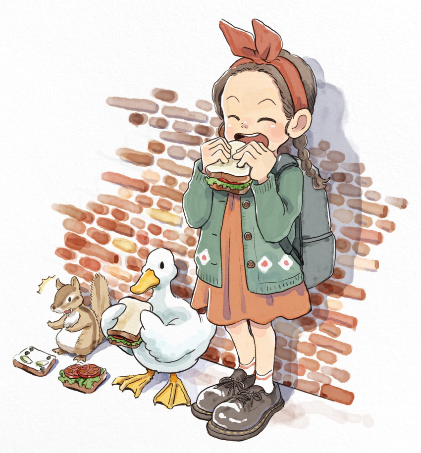 1girl 2others against_wall bag bird black_footwear bread brick_wall commentary_request dress duck eating food fujiwara_yoshito highres holding holding_food lettuce multiple_others open_sandwich original outdoors sandwich school_bag socks squirrel tomato