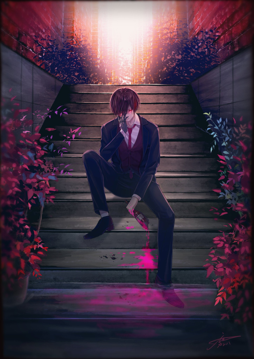 1boy bottle broken_glass business_suit commentary_request day flower formal full_body glass highres krw_iu000 looking_at_viewer male_focus necktie original outdoors red_necktie solo stairwell straight-on suit wine_bottle