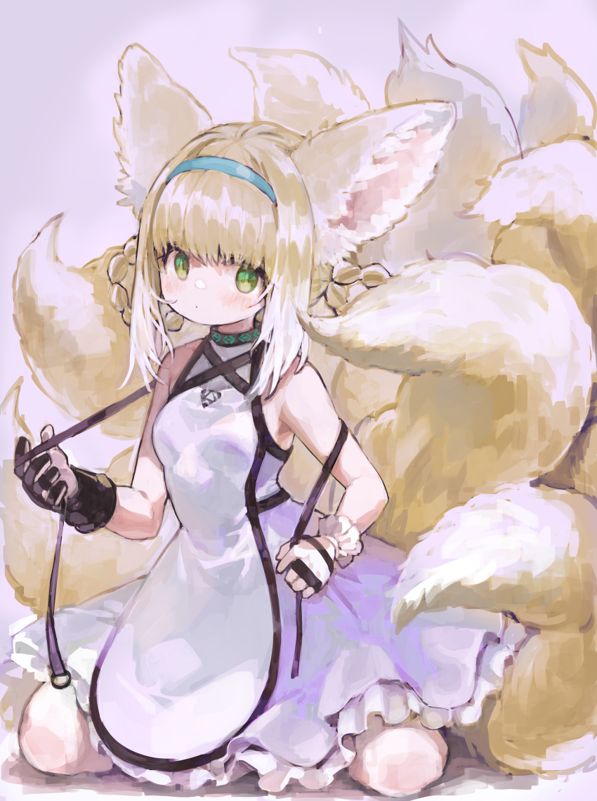 1girl absurdres animal_ear_fluff animal_ears apron arknights bare_shoulders black_gloves blue_hairband braid breasts closed_mouth commentary_request fox_ears fox_girl fox_tail frilled_skirt frills gloves green_eyes hair_rings hairband highres kkaebing kyuubi light_brown_hair looking_at_viewer multicolored_hair multiple_tails purple_skirt shirt skirt small_breasts solo suzuran_(arknights) tail twin_braids two-tone_hair white_apron white_gloves white_hair white_shirt