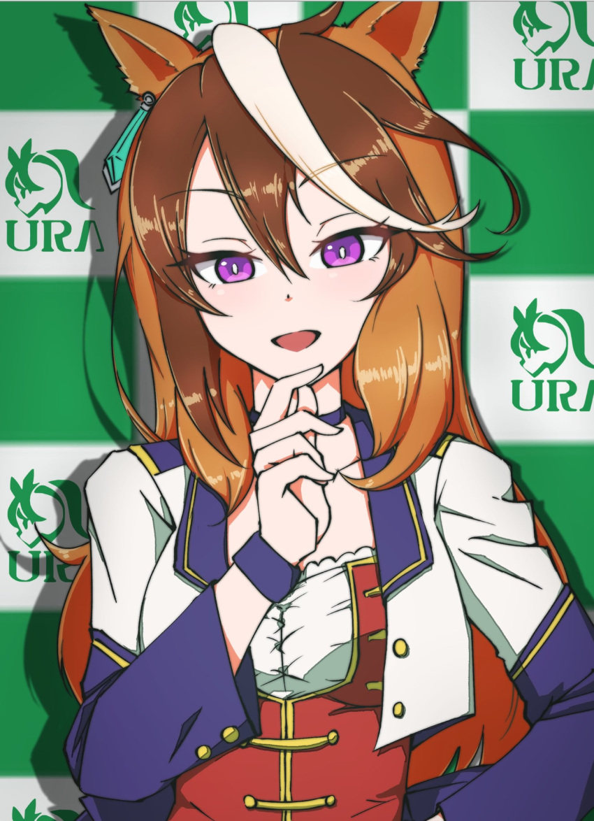 1girl bangs bright_pupils brown_hair chin_stroking choker common_race_outfit_(umamusume) cropped_jacket desuchi earrings highres jacket jewelry long_hair looking_at_viewer multicolored_hair open_mouth orange_hair shadow single_earring sofmap_background solo step_and_repeat symboli_rudolf_(umamusume) umamusume upper_body vest violet_eyes white_jacket white_pupils