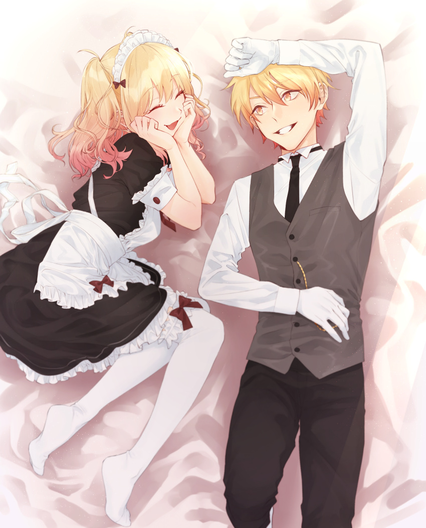 1boy 1girl :3 absurdres apron arm_above_head bed black_dress black_necktie black_pants blonde_hair closed_eyes collared_shirt colored_tips dress eyebrows_visible_through_hair eyelashes feet_out_of_frame frilled_apron frilled_dress frilled_hairband frills gloves gradient gradient_hair grey_vest grin hair_between_eyes hairband hand_on_own_stomach happy head_rest highres knees_together_feet_apart laughing light_blush light_particles long_sleeves looking_at_another looking_to_the_side lying maid maid_headdress multicolored_hair necktie no_shoes on_back on_bed on_side orange_hair pants pantyhose pink_hair project_sekai red_ribbon ribbon sa_tsuko shirt short_dress short_sleeves side-by-side sidelocks smile tenma_saki tenma_tsukasa tsurime twintails vest wavy_hair white_apron white_gloves white_hairband white_legwear white_shirt yellow_eyes