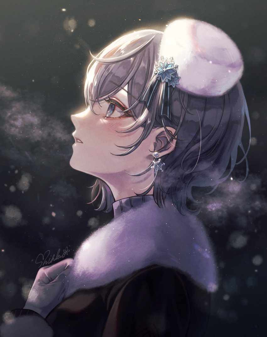 1girl bangs black_jacket blue_eyes earrings fur-trimmed_jacket fur_trim gloves highres jacket jewelry liz_0v0_62 open_mouth project_sekai purple_hair short_hair snow snowflake_earrings solo symbol-only_commentary turtleneck white_gloves white_headwear winter