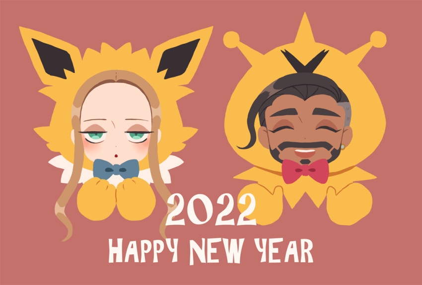 1boy 1girl 2022 :d black_hair blush bow bowtie brown_hair closed_eyes commentary_request cosplay earrings electabuzz electabuzz_(cosplay) eyeshadow facial_hair green_eyes half-closed_eyes happy_new_year hood hood_up jewelry jolteon jolteon_(cosplay) long_hair makeup oleana_(pokemon) open_mouth pokemon pokemon_(game) pokemon_swsh red_bow red_bowtie red_lips rinka_(rinka0912) rose_(pokemon) short_hair_with_long_locks sidelocks single_earring smile teeth undercut upper_teeth