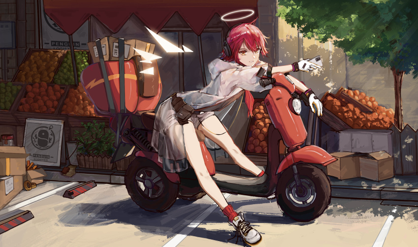 1girl arknights bangs bare_legs box bucket cardboard_box cellphone day exusiai_(arknights) exusiai_(city_rider)_(arknights) eyebrows_visible_through_hair food fruit full_body gloves grey_footwear grey_shorts ground_vehicle halo headphones highres holding holding_phone hood hood_down hooded_jacket jacket leaning_forward light_rays looking_at_viewer motor_vehicle official_alternate_costume orange_eyes outdoors parted_lips penguin_logistics_logo phone red_legwear redhead scooter shoes short_hair short_sleeves shorts sitting smartphone smile sneakers socks solo storefront sunbeam sunlight sunmyrica tree white_gloves white_jacket