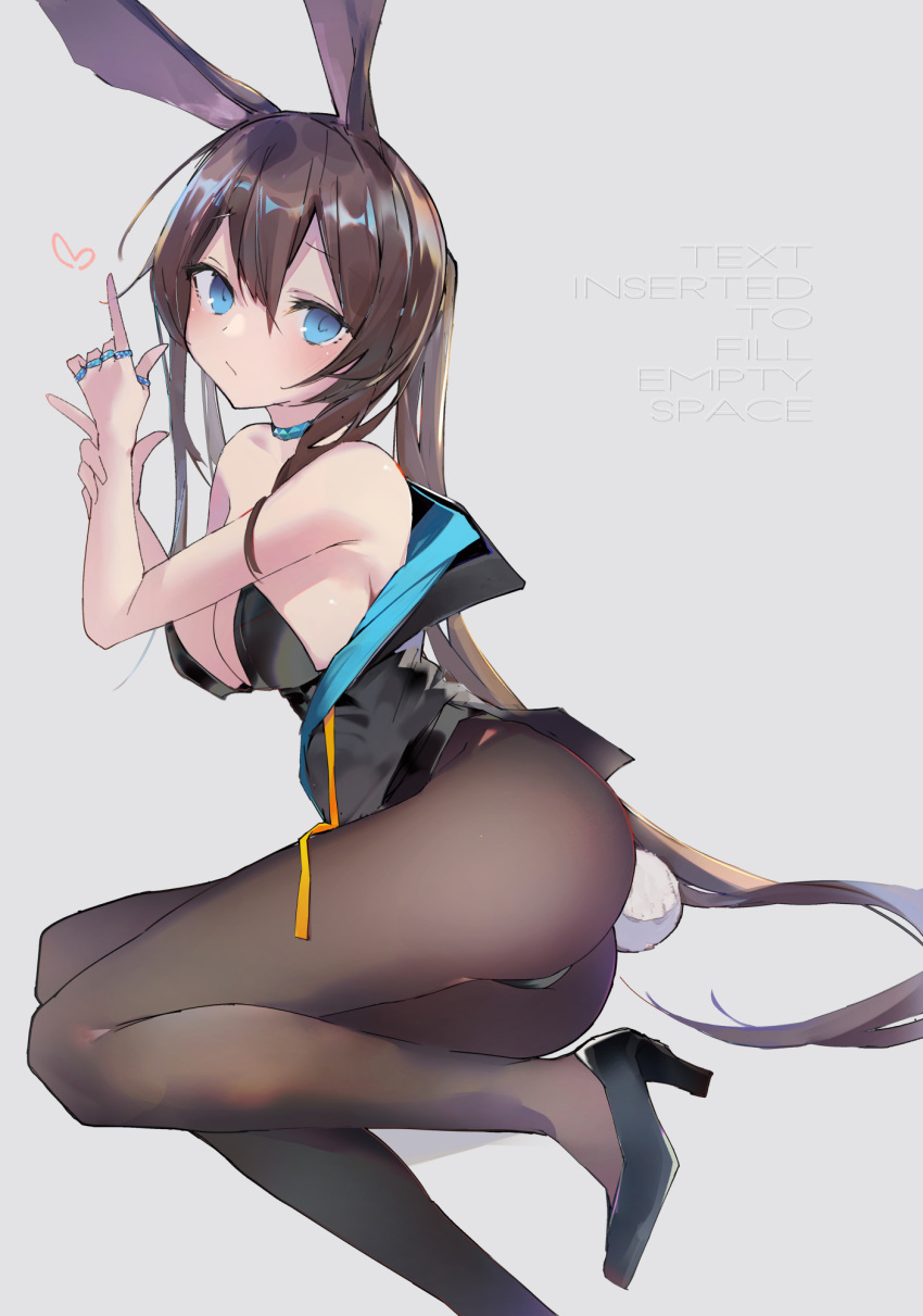 1girl amiya_(arknights) animal_ears arknights black_jacket black_legwear black_leotard blue_eyes breasts brown_hair collar commentary_request english_text finger_gun harenchi high_heels highres jacket jewelry large_breasts legs leotard long_hair looking_at_viewer multiple_rings open_clothes open_jacket pantyhose ponytail rabbit_ears rabbit_girl rabbit_tail ring solo tail very_long_hair