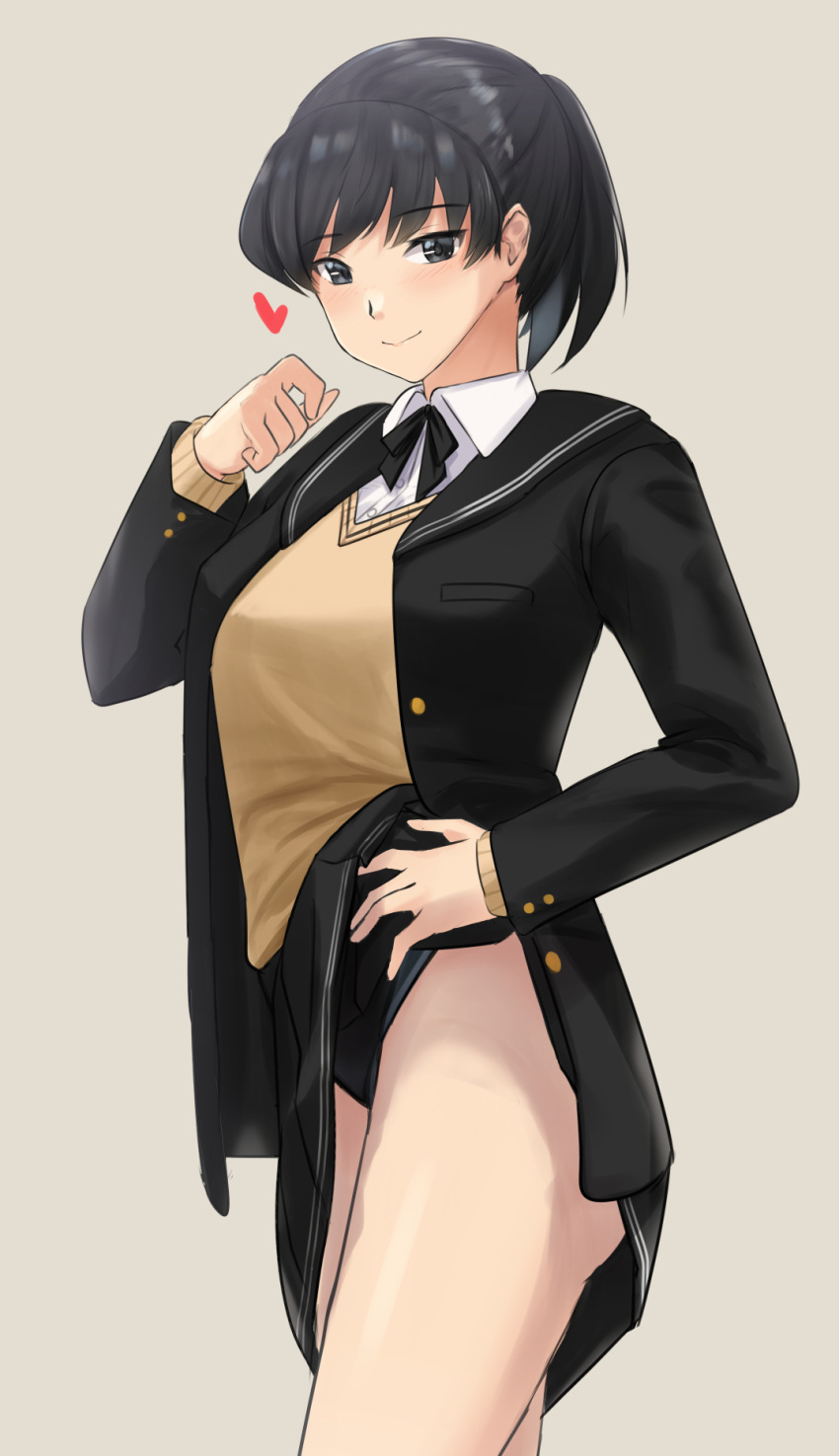 1girl amagami beige_background beige_sweater black_eyes black_hair black_jacket black_sailor_collar black_skirt blazer clothes_lift cowboy_shot dress hand_on_hip highres jacket kibito_high_school_uniform lifted_by_self looking_at_viewer open_clothes open_jacket pleated_dress ponytail sailor_collar school_uniform short_hair skirt skirt_lift solo standing sweater_vest swimsuit swimsuit_under_clothes tsukahara_hibiki ykh1028