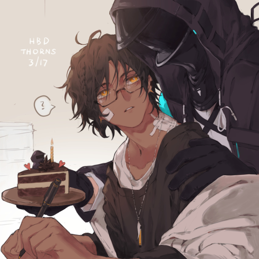 1boy 1other ? arknights bandaid bandaid_on_cheek bandaid_on_face bandaid_on_neck bangs bespectacled birthday birthday_cake black_gloves cake dark-skinned_male dark_skin doctor_(arknights) ear_piercing english_commentary english_text food glasses gloves happy_birthday highres holding holding_pen hood hood_up jewelry long_sleeves manjyufroth necklace orange_eyes parted_lips pen piercing plate spoken_question_mark thorns_(arknights) upper_body