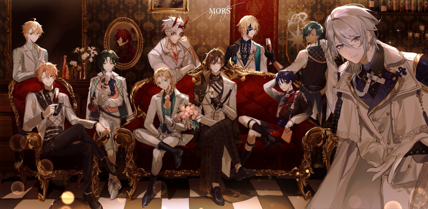 6+boys albedo_(genshin_impact) alternate_costume arataki_itto bangs black_gloves black_hair blonde_hair blue_hair bodypaint bottle bouquet chair couch crossed_legs cup dainsleif_(genshin_impact) dark-skinned_male dark_skin diluc_(genshin_impact) earrings english_commentary eyepatch facial_mark flower forehead_mark genshin_impact gloves green_hair grin hair_between_eyes highres holding holding_bouquet holding_cup horns jacket jewelry kaeya_(genshin_impact) kamisato_ayato looking_at_viewer male_focus mask mask_over_one_eye mors_gn multiple_boys multiple_girls one_eye_closed orange_hair pants pink_flower scaramouche_(genshin_impact) signature silver_hair sitting smile sparkle standing tartaglia_(genshin_impact) thoma_(genshin_impact) vase white_flower white_gloves xiao_(genshin_impact) zhongli_(genshin_impact)