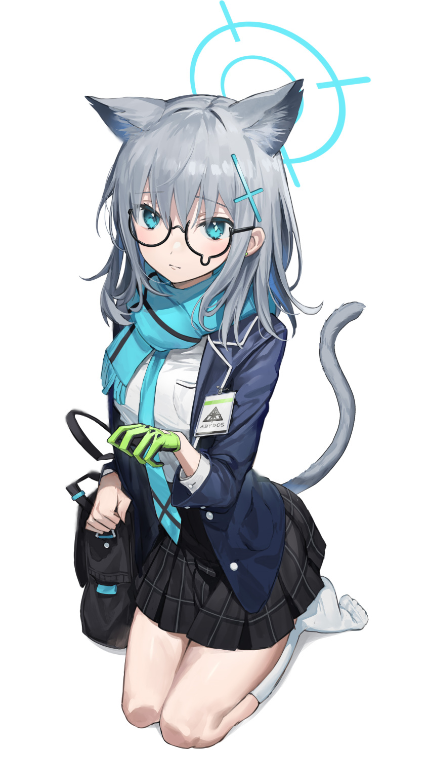 1girl absurdres animal_ear_fluff animal_ears bag black-framed_eyewear black_bag black_skirt blazer blue_archive blue_eyes blue_jacket blue_necktie blue_scarf closed_mouth commentary_request cross_hair_ornament full_body glasses gloves green_gloves hair_ornament halo hand_up hibanan222 highres id_card jacket lapel light_blush long_sleeves looking_at_viewer medium_hair mismatched_pupils necktie no_shoes open_clothes open_jacket plaid plaid_skirt scarf school_bag school_uniform seiza shiroko_(blue_archive) shirt silver_hair simple_background single_glove sitting skirt solo striped striped_scarf white_background white_legwear white_shirt wolf_ears