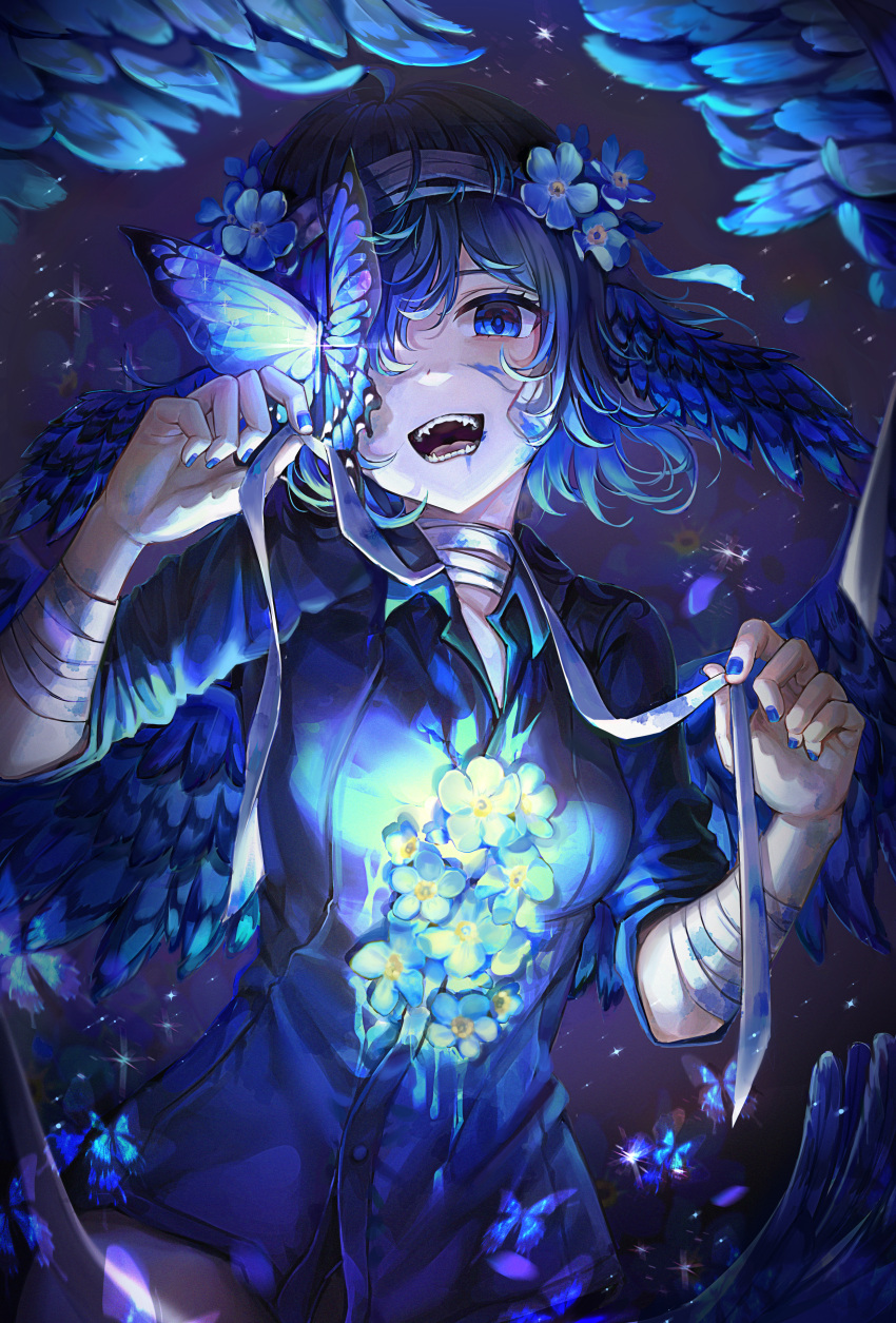 1girl absurdres ahoge bandaged_arm bandaged_neck bandages bangs blue_butterfly blue_eyes blue_flower blue_hair blue_nails blue_shirt blue_theme blue_wings breasts bug butterfly collared_shirt dress_shirt feathered_wings flower head_wings highres holding looking_at_animal medium_breasts mirage_(rairudiseu) nail_polish open_mouth original paint_on_body paint_splatter paint_splatter_on_face shirt short_hair solo standing teeth wings