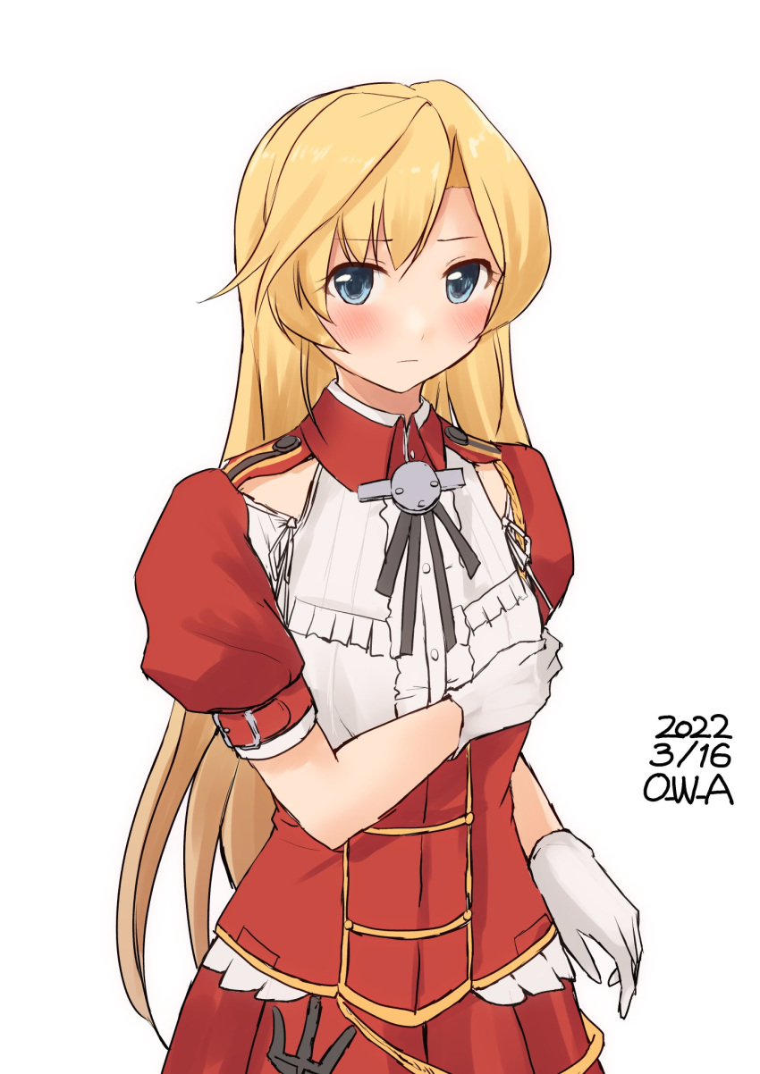 1girl abukuma_(kancolle) alternate_hairstyle artist_name blonde_hair blue_eyes commentary_request cosplay dated flat_chest gloves hair_down highres kantai_collection long_hair luigi_di_savoia_duca_degli_abruzzi_(kancolle) luigi_di_savoia_duca_degli_abruzzi_(kancolle)_(cosplay) one-hour_drawing_challenge owa_(ishtail) red_skirt shirt simple_background skirt solo white_background white_gloves white_shirt