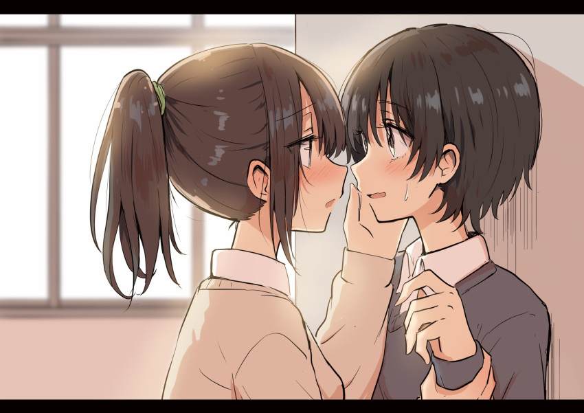 2girls backlighting betock black_sweater brown_eyes brown_hair eye_contact eyelashes green_scrunchie hand_on_another's_cheek hand_on_another's_face highres holding_another's_wrist letterboxed long_sleeves looking_at_another multiple_girls original ponytail scrunchie sweatdrop sweater window yuri