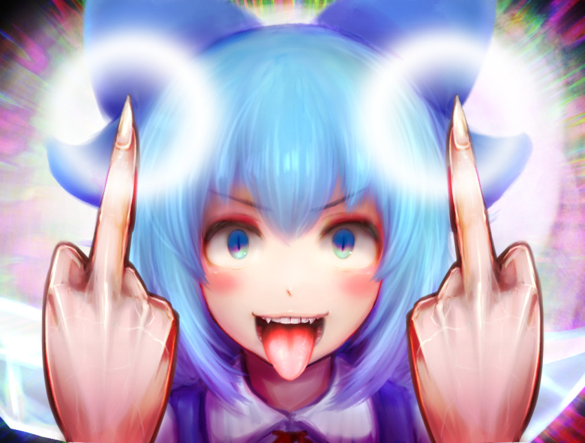 1girl bangs benikurage_(cookie) blue_bow blue_eyes blue_hair blush bow cirno collared_shirt commentary_request cookie_(touhou) double_middle_finger eyebrows_visible_through_hair face fangs hair_between_eyes hair_bow ice ice_wings khn_(kihana) looking_at_viewer middle_finger neck_ribbon open_mouth red_ribbon ribbon shirt short_hair slit_pupils smile solo teeth tongue tongue_out touhou white_shirt wings