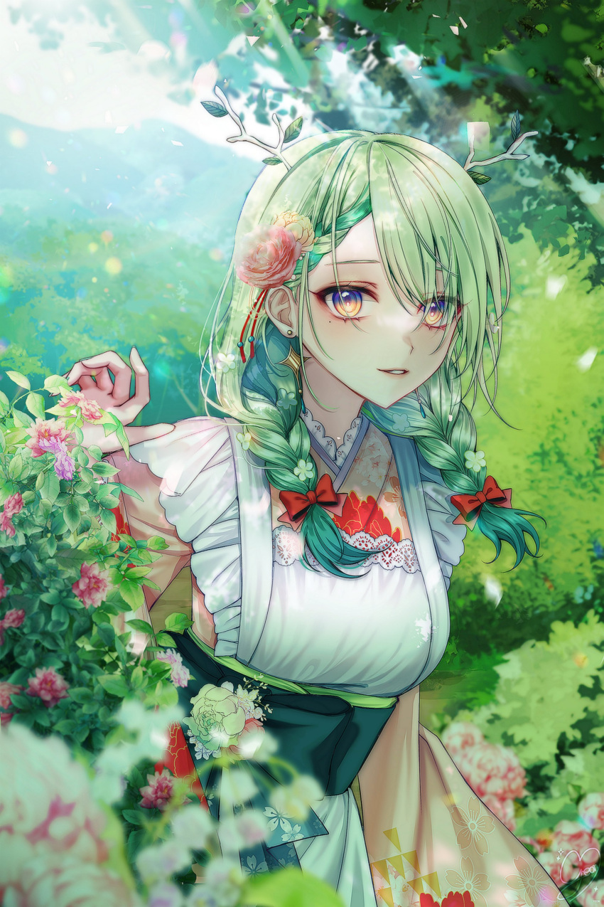 1girl absurdres antlers bangs bow braid branch ceres_fauna flower green_hair hair_behind_ear hair_bow hair_flower hair_ornament hair_over_shoulder highres hololive hololive_english japanese_clothes kimono long_hair looking_at_viewer mole mole_under_eye multicolored_hair nature obi outdoors parted_lips pink_flower plant red_bow sash solo streaked_hair twin_braids upper_body virtual_youtuber white_kimono yellow_eyes yeon6432