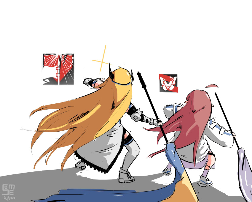 2girls ahoge arknights blonde_hair commentary dress english_commentary flag from_behind highres holding holding_flag horns jacket long_hair long_sleeves multiple_girls myrtle_(arknights) redhead saileach_(arknights) shoes simple_background thigh-highs very_long_hair white_background white_dress white_footwear white_jacket white_legwear whooie