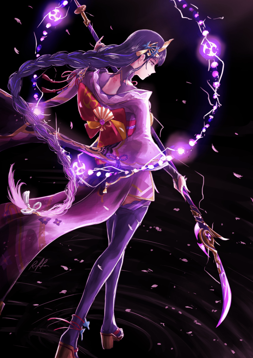 1girl ankle_ribbon armor braid braided_ponytail bridal_gauntlets dark_background electricity engulfing_lightning_(genshin_impact) falling_petals from_behind genshin_impact hair_ornament half-closed_eyes highres holding holding_polearm holding_weapon japanese_clothes kimono lightning long_hair low-tied_long_hair mole mole_under_eye neck_tattoo obijime off_shoulder parted_lips petals polearm purple_hair purple_kimono purple_legwear raffa_314 raiden_shogun ribbon ripples sash shoulder_armor signature solo tattoo thigh-highs very_long_hair violet_eyes weapon wide_sleeves