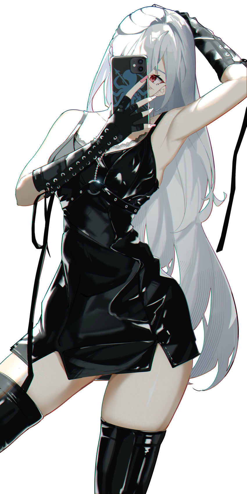 1girl absurdres arknights arm_up armpits bare_shoulders black_dress black_gloves cellphone commentary cowboy_shot dress elbow_gloves gloves highres holding holding_phone long_hair nail_polish phone pink_nails red_eyes reiji001 short_dress silver_hair simple_background skadi_(arknights) smartphone solo spaghetti_strap standing thigh-highs thighs very_long_hair white_background