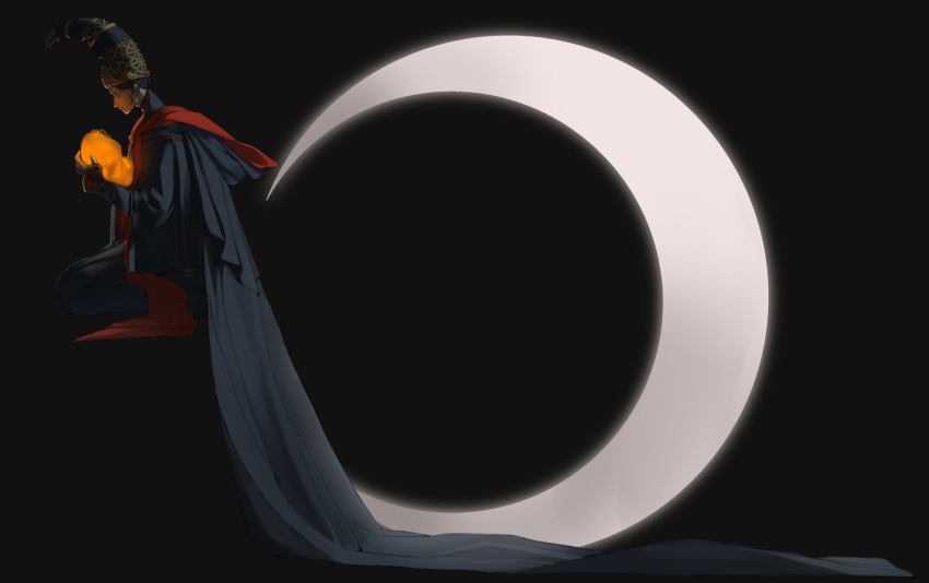 1girl black_background black_dress cape closed_mouth crescent_moon dress elden_ring floating from_side hat highres holding long_sleeves mantou_kyn moon profile rennala_queen_of_the_full_moon seiza simple_background sitting solo very_long_cape wizard_hat