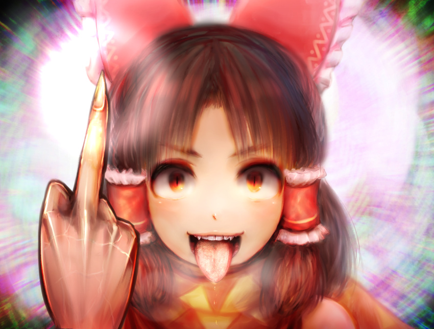 1girl bangs benikurage_(cookie) blush bow brown_eyes brown_hair commentary_request cookie_(touhou) dress face fangs frilled_hair_tubes frills hair_bow hair_tubes hakurei_reimu khn_(kihana) looking_at_viewer medium_hair middle_finger open_mouth orange_scarf parted_bangs red_bow red_dress scarf sleeveless sleeveless_dress slit_pupils smile solo tongue tongue_out touhou yellow_scarf