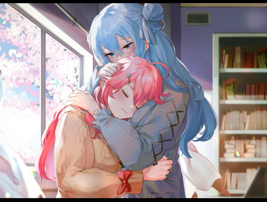 2girls ahoge bangs blue_eyes blue_hair blue_ribbon blush book bookshelf bow brown_cardigan cardigan cherry_blossoms closed_eyes closed_mouth eredhen flower from_side grate grey_cardigan hair_between_eyes hair_bun hair_flower hair_ornament hair_ribbon hairclip hand_on_another's_head highres hololive hoshimachi_suisei hug indoors letterboxed long_hair long_sleeves multiple_girls pink_flower pink_hair red_bow revision ribbed_sweater ribbon sakura_miko shadow side_bun smile star_(symbol) star_in_eye sweater symbol_in_eye two-tone_ribbon upper_body virtual_youtuber white_ribbon window yuri