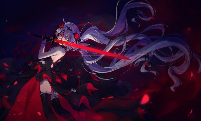 1girl bangs black_dress black_gloves closed_mouth dress flower gloves hair_flower hair_ornament highres holding holding_sword holding_weapon honkai_(series) honkai_impact_3rd looking_at_viewer one_eye_closed pmg red_eyes red_flower red_rose rose sleeveless sleeveless_dress strapless strapless_dress sword theresa_apocalypse theresa_apocalypse_(luna_kindred) twintails vampire weapon white_hair