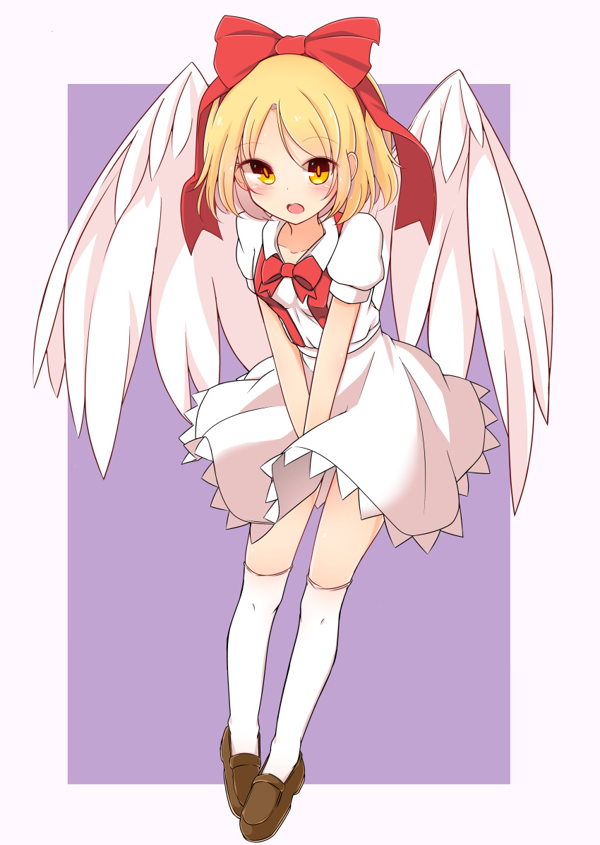 1girl absurdres angel_wings blonde_hair bow brown_eyes brown_footwear commentary_request dress dress_tug embarrassed feathered_wings full_body gengetsu_(touhou) hair_bow highres inon loafers open_mouth puffy_short_sleeves puffy_sleeves ribbon shoes short_hair short_sleeves skirt solo suspender_skirt suspenders thigh-highs touhou touhou_(pc-98) v_arms white_dress white_legwear wind wind_lift wings
