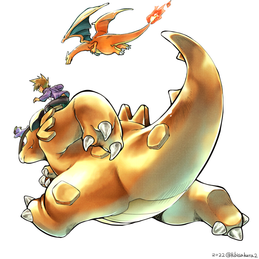 1boy blue_oak brown_hair charizard claws closed_mouth fire flame-tipped_tail flying from_below highres kangaskhan kibisakura2 long_sleeves male_focus pants pokemon pokemon_(creature) pokemon_adventures purple_shirt riding riding_pokemon shirt short_hair spiky_hair twitter_username white_background