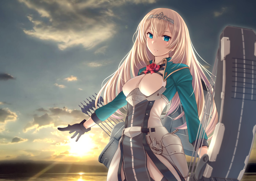 1girl absurdres arrow_(projectile) bangs black_gloves blonde_hair blue_eyes bow_(weapon) breasts clouds commentary_request compound_bow flower gloves hair_between_eyes highres holding holding_weapon kantai_collection long_hair medium_breasts ocean outdoors parted_lips quiver red_flower red_rose rigging rose ryu-akt sky solo sunrise tiara victorious_(kancolle) water weapon