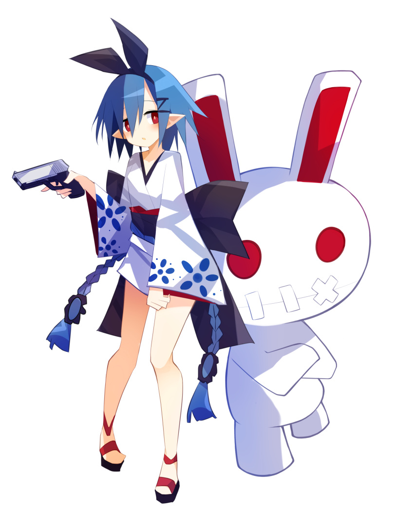 1girl absurdres blue_hair blush braid disgaea fang full_body gun hair_over_one_eye hairband highres holding holding_gun holding_weapon japanese_clothes kimono looking_at_viewer makai_senki_disgaea nanozenzen open_mouth pleinair pointy_ears rabbit red_eyes short_hair simple_background solo twin_braids usagi-san weapon white_background