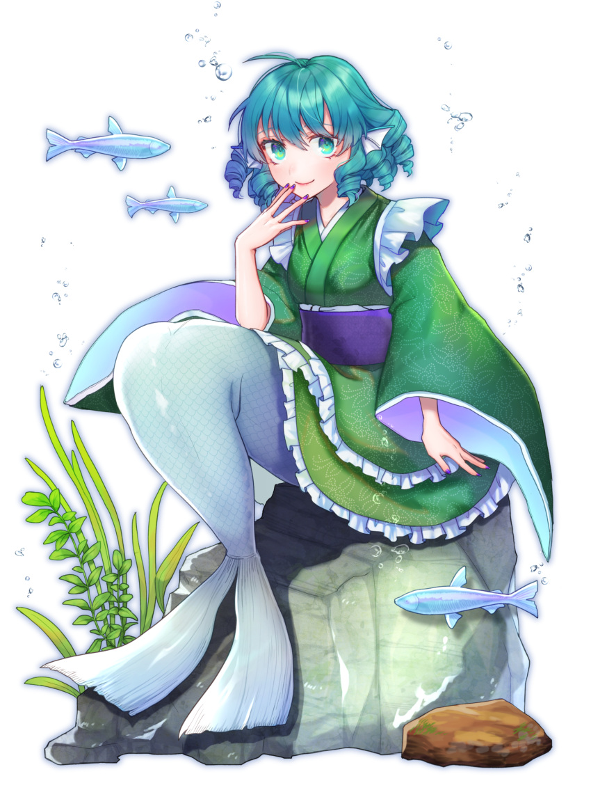 13_(spice!!) 1girl ahoge aqua_eyes aqua_hair blush bubble closed_mouth commentary_request drill_hair eyebrows_behind_hair finger_to_mouth fingernails fish fish_tail frilled_kimono frills full_body green_kimono head_fins highres japanese_clothes kimono leaf long_sleeves looking_at_viewer mermaid nail_polish obi partial_commentary purple_nails rock sash seaweed short_hair simple_background sitting smile solo tail touhou wakasagihime white_background wide_sleeves
