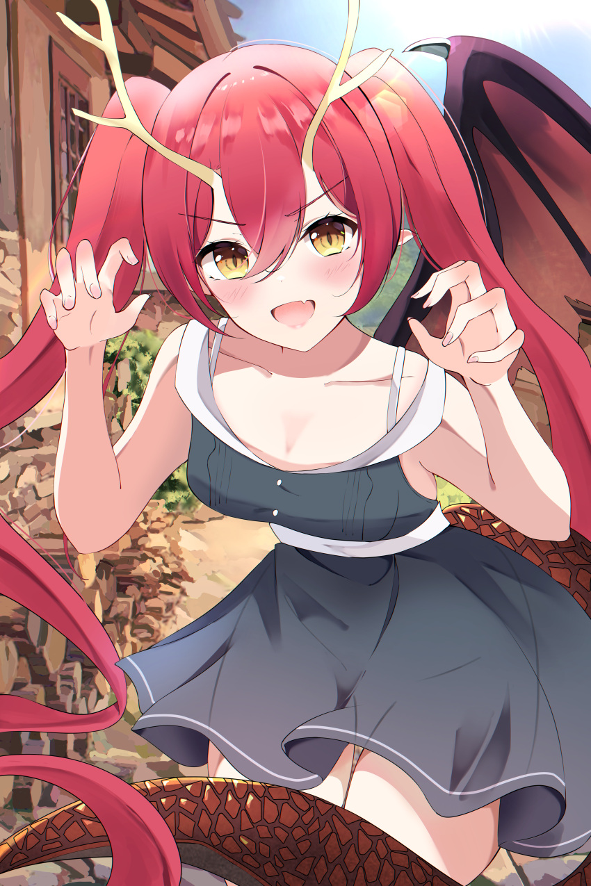 1girl :d absurdres bare_arms black_dress blush breasts brown_eyes brown_wings claw_pose collarbone commentary_request copyright_request day dragon_girl dragon_horns dragon_tail dragon_wings dress fang hands_up hido_(meori_apu_da) highres horns korean_commentary long_hair looking_at_viewer official_art outdoors pointy_ears redhead sleeveless sleeveless_dress small_breasts smile solo tail torn_wings twintails v-shaped_eyebrows very_long_hair wings