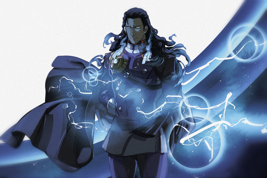 1boy absurdres arms_behind_back black_hair buttons coat coat_on_shoulders double-breasted electricity fate/grand_order fate_(series) highres long_hair male_focus nikola_tesla_(fate) purple_shirt shirt viscontiapclyps