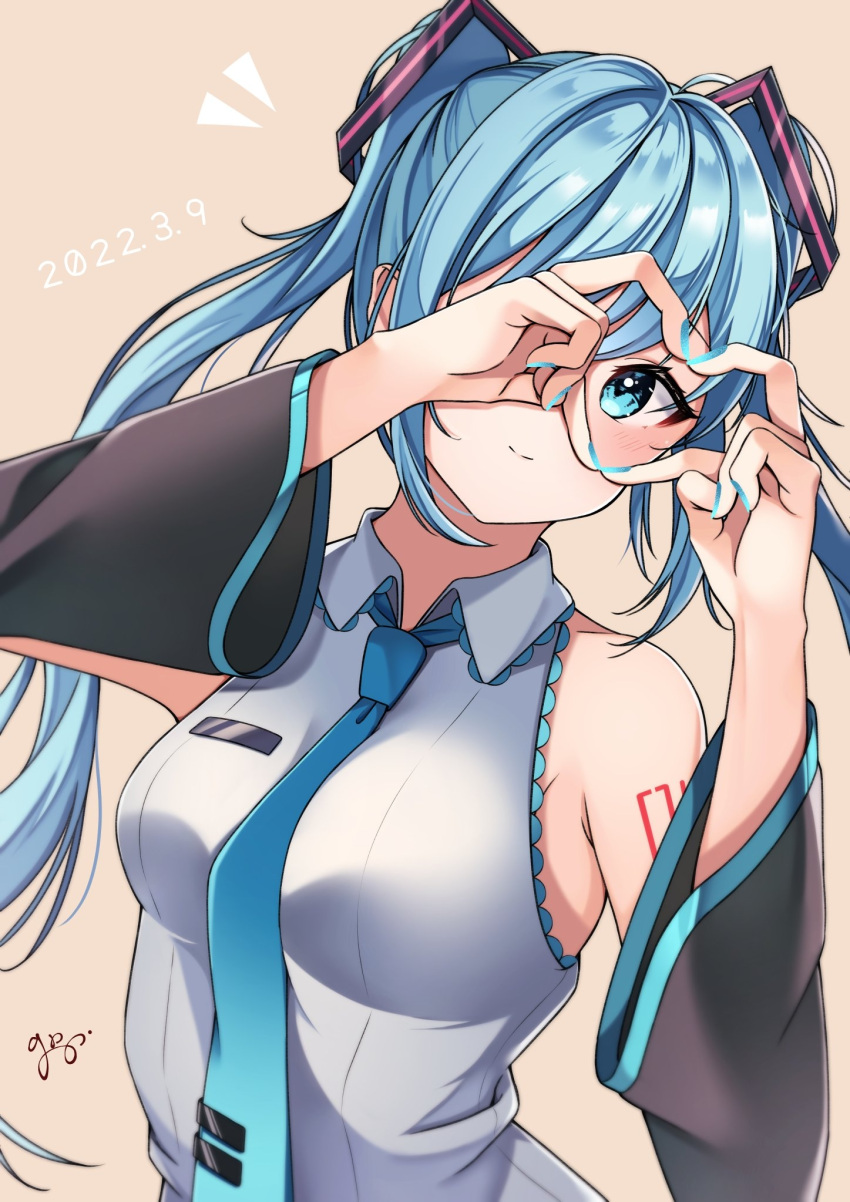 1girl 2022 arm_tattoo black_sleeves blue_eyes blue_hair blue_necktie blush breasts closed_mouth collared_shirt dated detached_sleeves floating_hair grey_background guri_(gri1211) hair_ornament hatsune_miku heart heart_hands highres long_hair long_sleeves looking_at_viewer medium_breasts necktie shiny shiny_hair shirt sleeveless sleeveless_shirt smile solo tattoo twintails very_long_hair vocaloid white_shirt wing_collar
