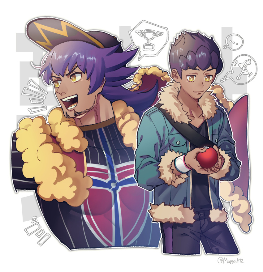 2boys :d bangs baseball_cap black_pants black_shirt blue_jacket brothers cape champion_uniform closed_mouth collarbone commentary_request dark-skinned_male dark_skin facial_hair fur-trimmed_cape fur-trimmed_jacket fur_trim hat highres holding holding_poke_ball hop_(pokemon) jacket leon_(pokemon) long_hair male_focus mappo_m2 multiple_boys open_clothes open_jacket open_mouth pants pectorals poke_ball poke_ball_(basic) pokemon pokemon_(game) pokemon_swsh purple_hair red_cape shield_print shiny shiny_hair shirt short_hair siblings smile spoken_object strap sword_print teeth thought_bubble tongue yellow_eyes