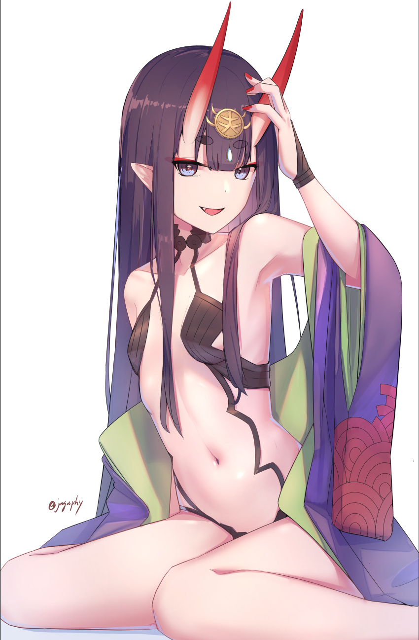 1girl absurdres alternate_hairstyle armpits artist_name bangs blue_eyes blunt_bangs breasts collarbone commentary dot_nose eyebrows_visible_through_hair eyeliner eyeshadow fang fate/grand_order fate_(series) feet_out_of_frame hand_on_own_head headpiece highres hikimayu horns japanese_clothes kimono long_hair long_sleeves looking_at_viewer makeup navel off_shoulder oni oni_horns open_clothes open_kimono open_mouth pointy_ears purple_hair red_eyeshadow red_horns red_nails revealing_clothes sawarineko shiny shiny_hair shuten_douji_(fate) simple_background sitting skin-covered_horns small_breasts smile solo violet_eyes wariza white_background wide_sleeves
