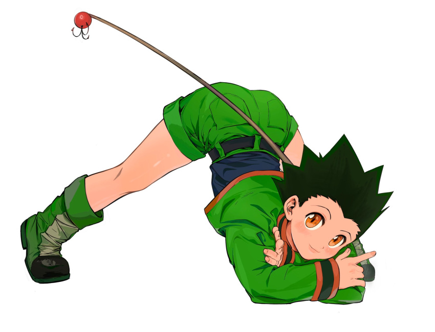 1boy arm_support belt black_hair boots crossed_arms fishing_rod flexible full_body gon_freecss green_footwear green_jacket green_shorts highres hunter_x_hunter jack-o'_challenge jacket k.g_(matsumoto_zo) legs_apart long_sleeves looking_at_viewer male_focus orange_eyes pocket pose shorts simple_background smile solo spiky_hair spread_legs top-down_bottom-up white_background wide_spread_legs widow's_peak