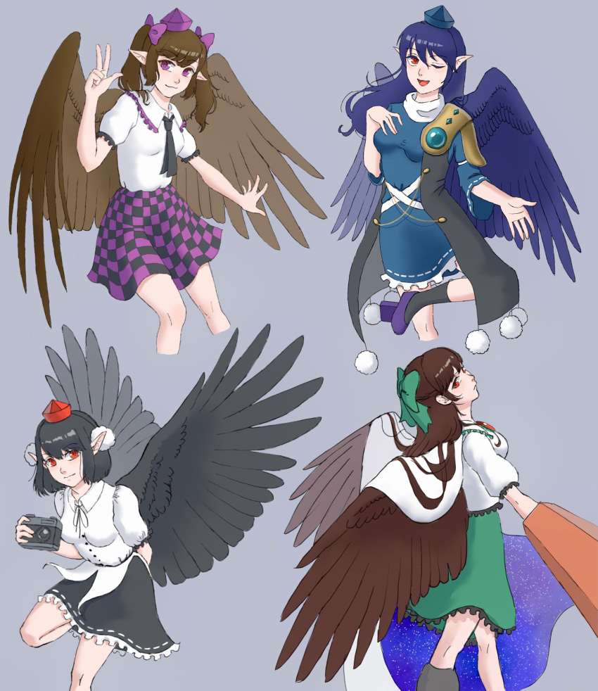 4girls \||/ armor asymmetrical_footwear asymmetrical_legwear bangs belt bird_wings black_belt black_coat black_hair black_legwear black_necktie black_ribbon black_skirt black_wings blouse blue_cape blue_dress blue_hair blue_wings bow breasts brown_hair brown_wings camera cape channel_ikihaji checkered_clothes checkered_skirt closed_mouth coat collared_blouse collared_shirt commentary_request cowboy_shot cropped_legs dress eyebrows_visible_through_hair feathered_wings frilled_dress frilled_shirt_collar frilled_skirt frilled_sleeves frills gem geta green_bow green_skirt hair_bow hand_on_own_chest hat highres himekaidou_hatate holding holding_camera iizunamaru_megumu kneehighs leg_up long_coat long_hair medium_breasts medium_skirt mismatched_footwear multiple_girls necktie one_eye_closed open_mouth outstretched_arm outstretched_hand pauldrons pointy_ears pom_pom_(clothes) ponytail puffy_short_sleeves puffy_sleeves purple_footwear purple_headwear purple_skirt red_eyes red_headwear reiuji_utsuho ribbon ribbon-trimmed_skirt ribbon_trim shameimaru_aya shirt short_hair short_sleeves shoulder_armor shoulder_guard single_pauldron skirt sleeveless_coat smile tengu tengu-geta third_eye tokin_hat touhou twintails two-sided_fabric two-tone_cape v violet_eyes white_blouse white_cape white_shirt wings