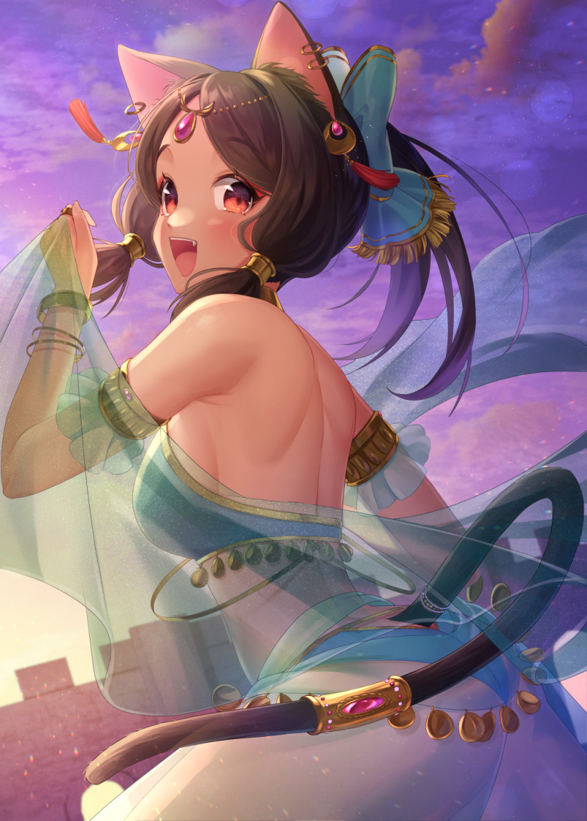 1girl animal_ears back bracelet breasts brown_eyes brown_hair cat_ears cat_girl cat_tail commentary dancer earrings fang forehead_jewel from_behind highres jewelry kaniku medium_breasts open_mouth original outdoors see-through short_twintails solo tail tail_ornament twintails