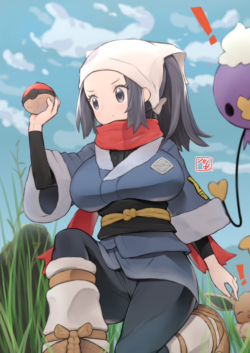 ! 1girl akari_(pokemon) alternate_breast_size bea_(bropmlk) black_undershirt blue_eyes blue_hair breasts clouds commentary day drifloon eevee floating_scarf galaxy_expedition_team_survey_corps_uniform grass hand_up head_scarf highres holding holding_poke_ball large_breasts one_knee outdoors pantyhose poke_ball poke_ball_(legends) pokemon pokemon_(creature) pokemon_(game) pokemon_legends:_arceus red_scarf scarf sky