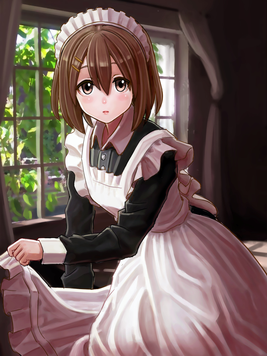 1girl absurdres alternate_costume apron apron_lift bangs black_dress blush brown_eyes brown_hair closed_mouth collar commentary_request dress frilled_apron frills hair_between_eyes hair_ornament hairclip highres hirasawa_yui indoors k-on! kotatsumuri_(yaugau) long_sleeves looking_at_viewer maid maid_headdress short_hair solo white_apron white_collar window