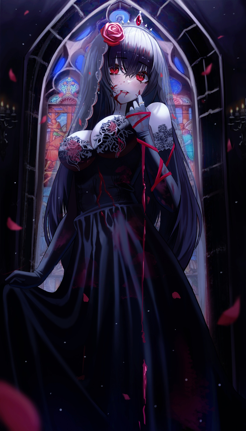 1girl absurdres black_dress black_hair blood blood_on_face blood_stain blood_trail crown crying crying_with_eyes_open dress flower gloves hair_flower hair_ornament highres original poise red_eyes rose solo tears vampire veil