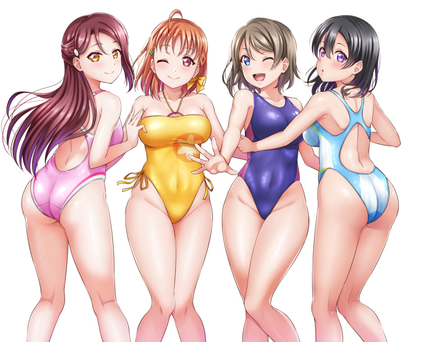4girls ass black_hair blue_eyes blue_swimsuit breasts commentary_request commission competition_swimsuit grey_hair highres long_hair love_live! love_live!_sunshine!! medium_breasts mibushiro multiple_girls one-piece_swimsuit orange_eyes orange_hair pink_swimsuit red_eyes sakurauchi_riko short_hair swimsuit takami_chika violet_eyes watanabe_tsuki watanabe_you white_swimsuit yellow_swimsuit