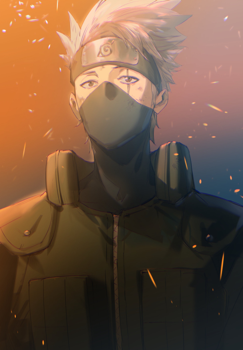 1boy absurdres ashorz black_mask commentary covered_mouth embers green_eyes hatake_kakashi headband highres lens_flare looking_at_viewer male_focus naruto naruto_(series) scar scar_across_eye short_hair sidelocks silver_hair solo spiky_hair straight-on upper_body zipper