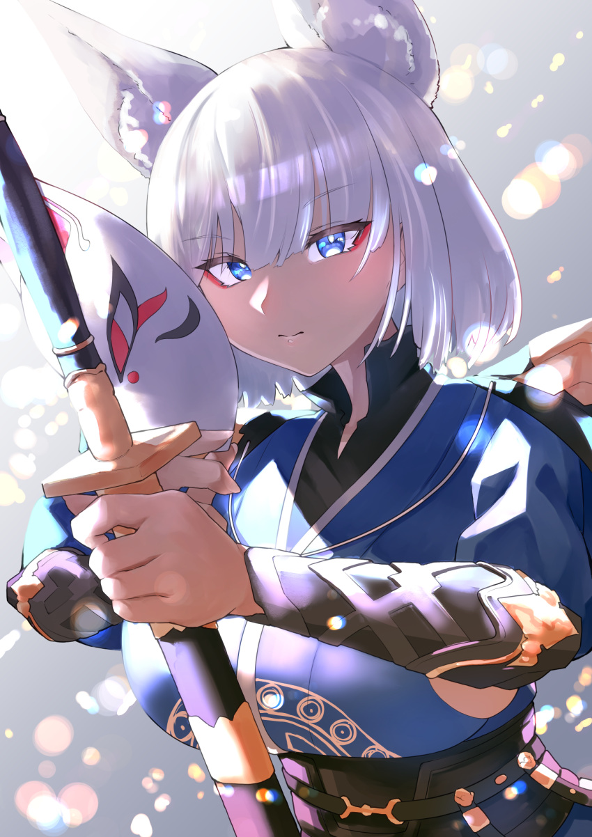 1girl animal_ears azur_lane blue_eyes breasts eyebrows_visible_through_hair fox_ears fox_girl fox_mask fox_tail highres japanese_clothes kaga_(azur_lane) kaga_(dusk-simurgh's_vigil)_(azur_lane) kimono kitsune large_breasts long_hair looking_at_viewer mask multiple_tails official_alternate_costume short_hair simple_background smile solo sword tail take_yaki weapon white_hair