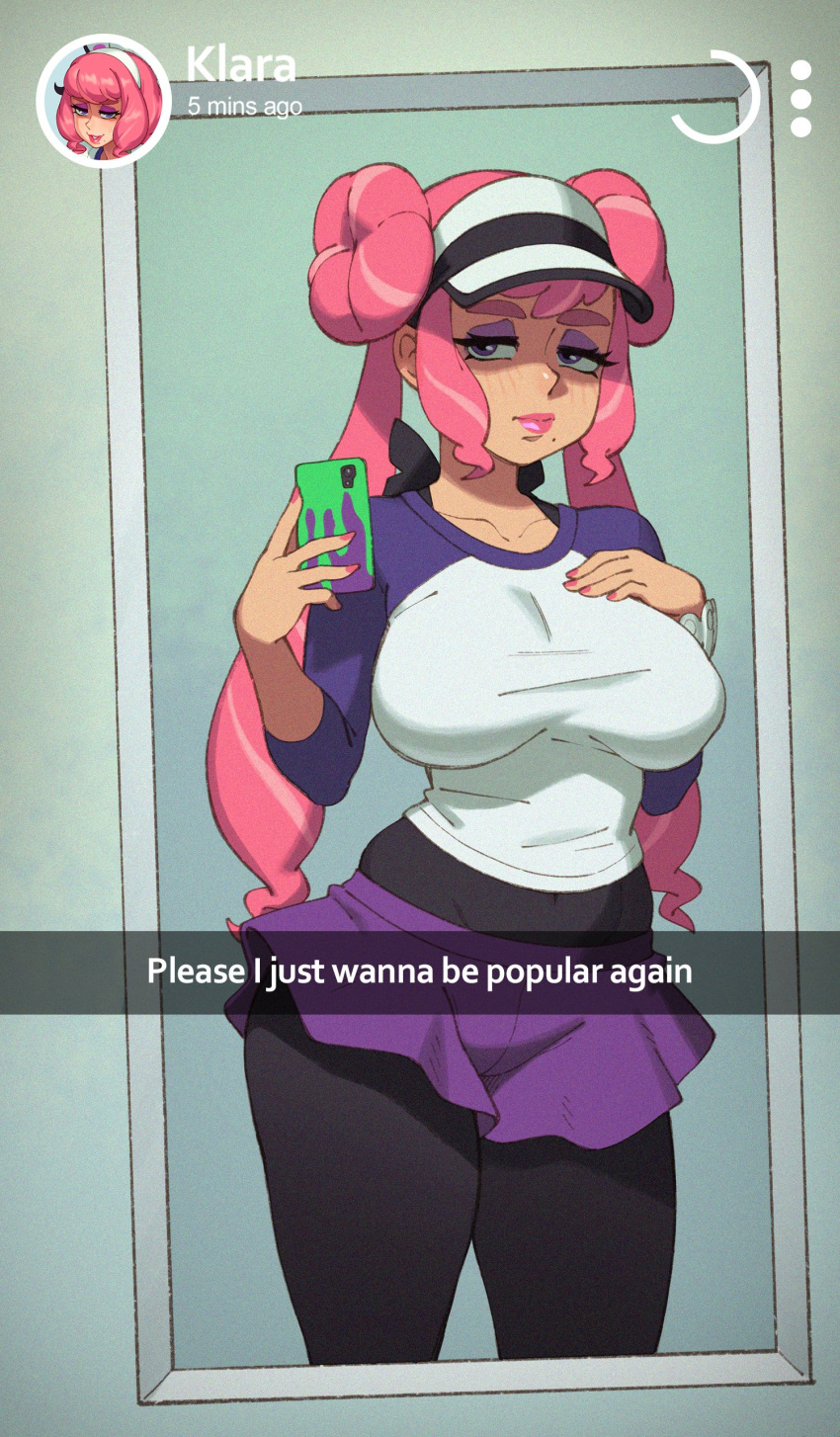 1girl absurdres breasts cellphone cosplay curvy double_bun eyeshadow hat highres klara_(pokemon) large_breasts lipstick makeup mole mole_under_mouth nail_polish phone pink_hair pink_nails pokemon riz rosa_(pokemon) rosa_(pokemon)_(cosplay) shirt shorts solo thick_thighs thighs violet_eyes