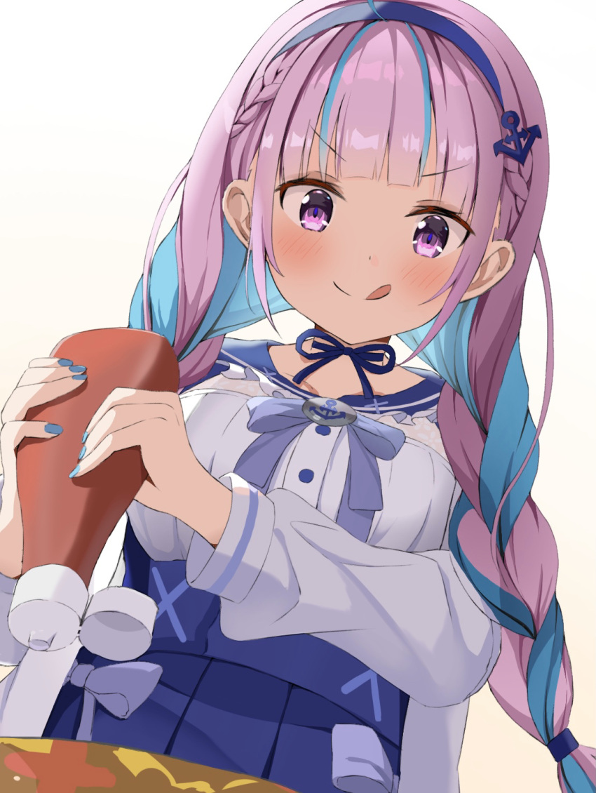 1girl :q anchor_hair_ornament anchor_symbol bangs blue_hair blue_ribbon blunt_bangs braid breasts eyebrows_visible_through_hair food hair_ornament hairband highres hololive ketchup ketchup_bottle long_hair low-tied_long_hair matcha_(user_yyss8744) medium_breasts minato_aqua multicolored_hair omurice pink_hair ribbon single_braid streaked_hair tongue tongue_out two-tone_hair violet_eyes virtual_youtuber