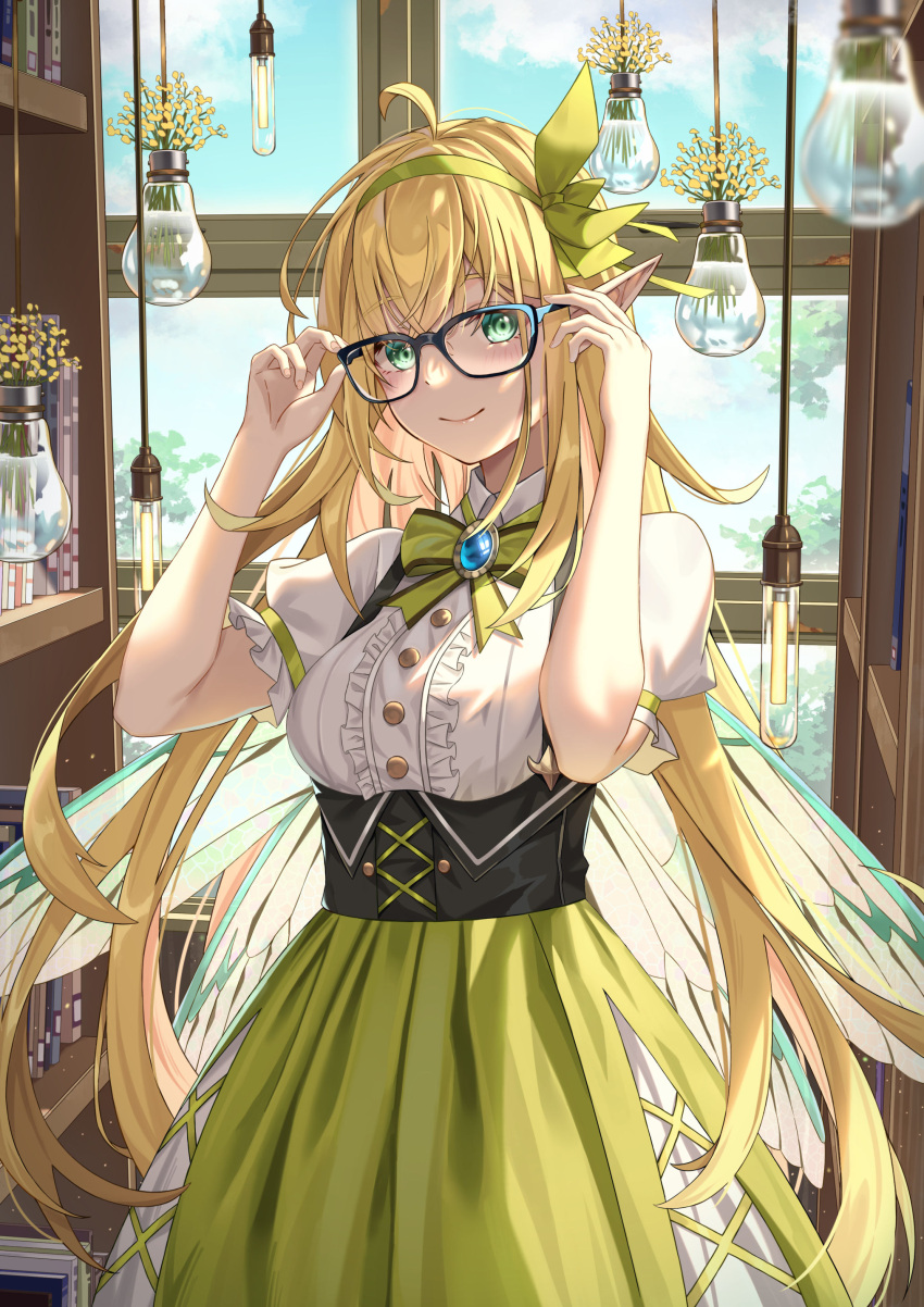 1girl absurdres adjusting_eyewear ahoge backlighting bangs bare_arms blonde_hair blue-framed_eyewear blurry book bookshelf bow bowtie breasts brooch calder_(pixiv3698273) center_frills collared_shirt corset cowboy_shot day depth_of_field dress_shirt fairy fairy_wings frills glasses green_bow green_bowtie green_eyes green_ribbon green_skirt hair_ribbon hairband hands_up hanging_plant highres indoors insect_wings jewelry light_bulb long_hair looking_at_viewer original plant pointy_ears potted_plant puffy_short_sleeves puffy_sleeves ribbon shirt short_sleeves skirt sky smile solo very_long_hair white_shirt window wings