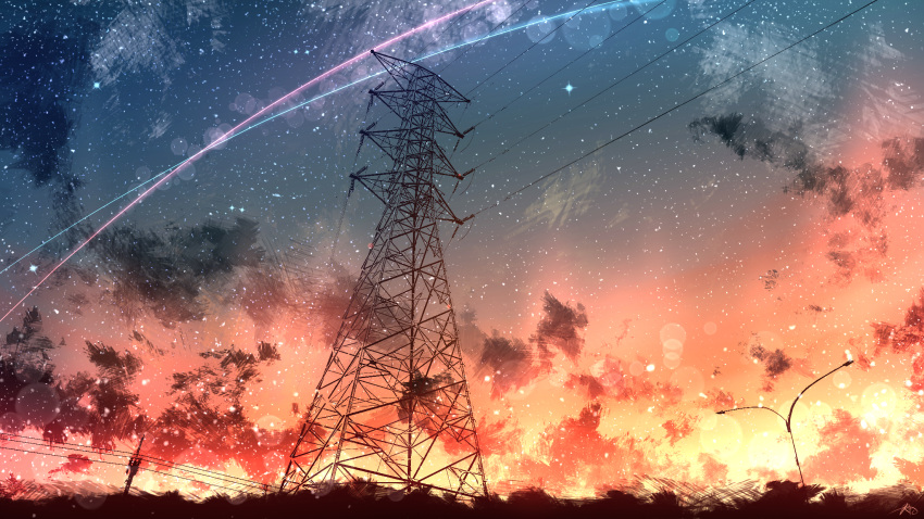 cable clouds cloudy_sky commentary_request electricity from_below highres night no_humans original outdoors overhead_line power_lines rune_xiao scenery shooting_star sky star_(sky) starry_sky traffic_light transmission_tower utility_pole
